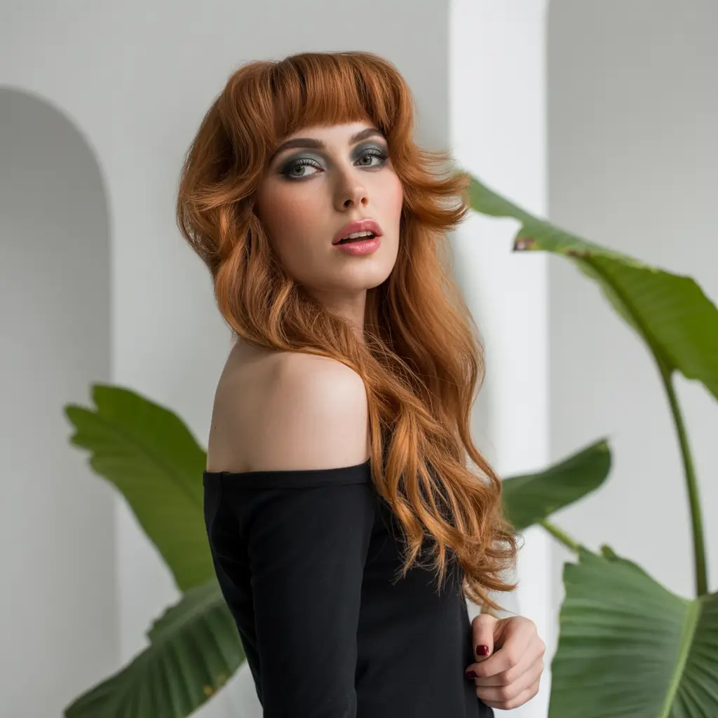 Fall haircut Copper Layers with Curtain Bangs