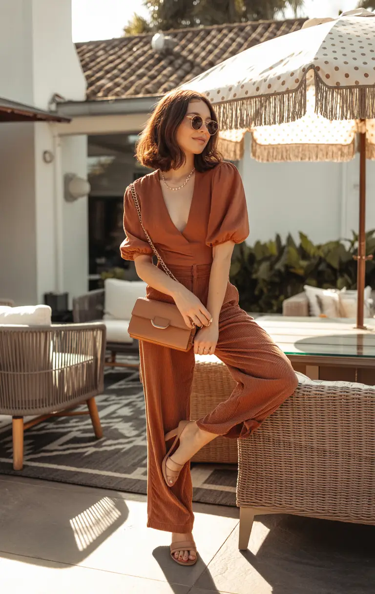fall wedding guest dress Terracotta Jumpsuit for Sunset Ceremonies