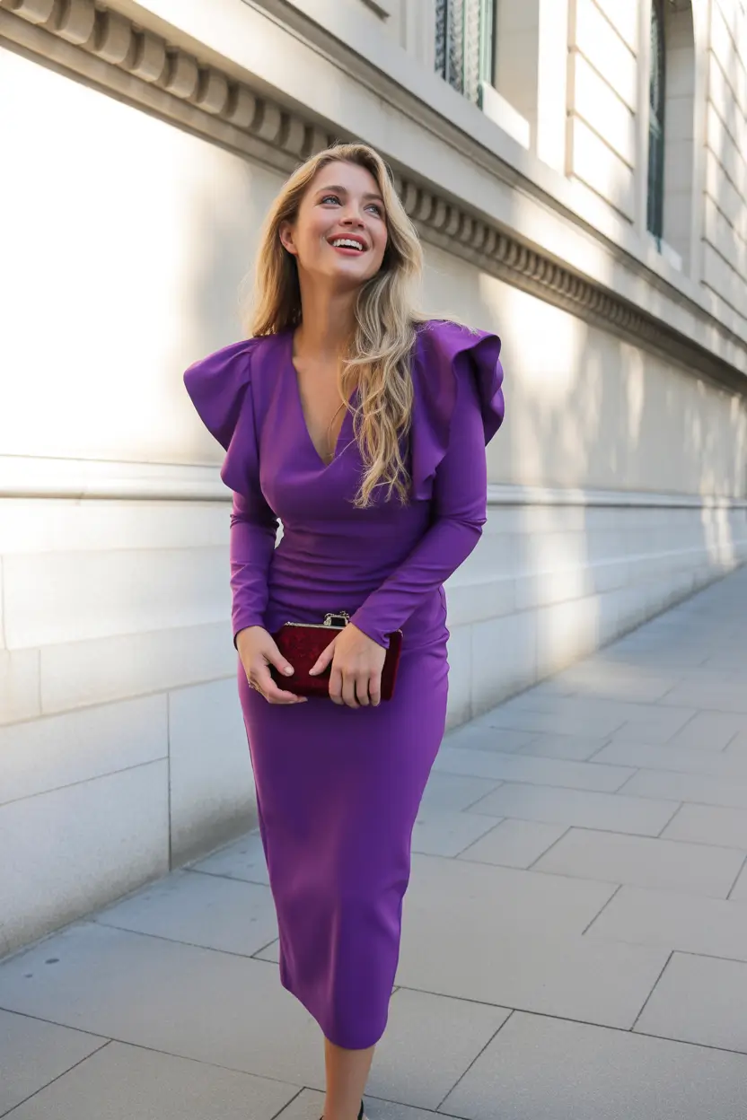 fall wedding guest dress Statement Sleeves and a Bold Hue