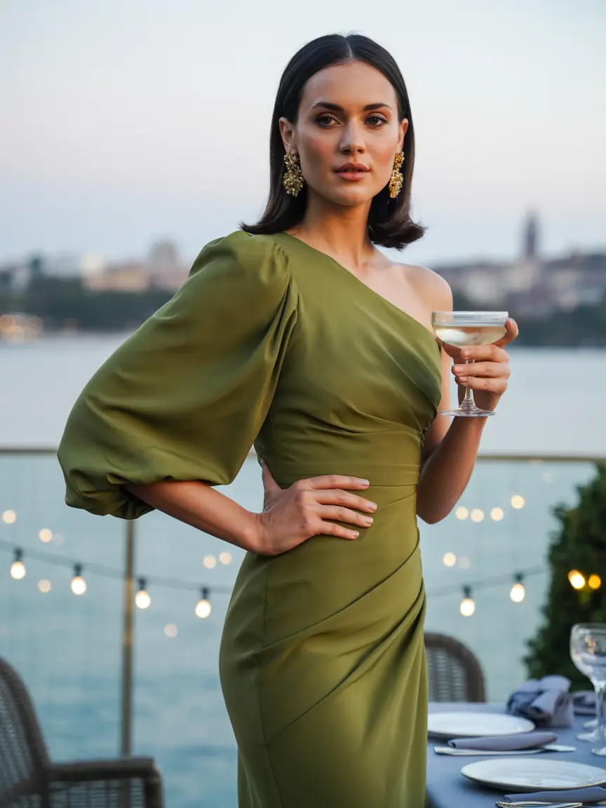 fall wedding guest dress Olive Elegance at the Waterfront