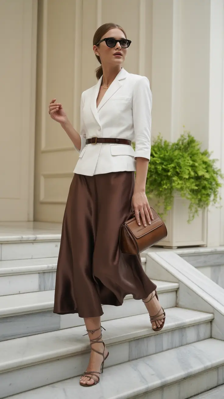 fall wedding guest dress Tailored Cool in Espresso & White