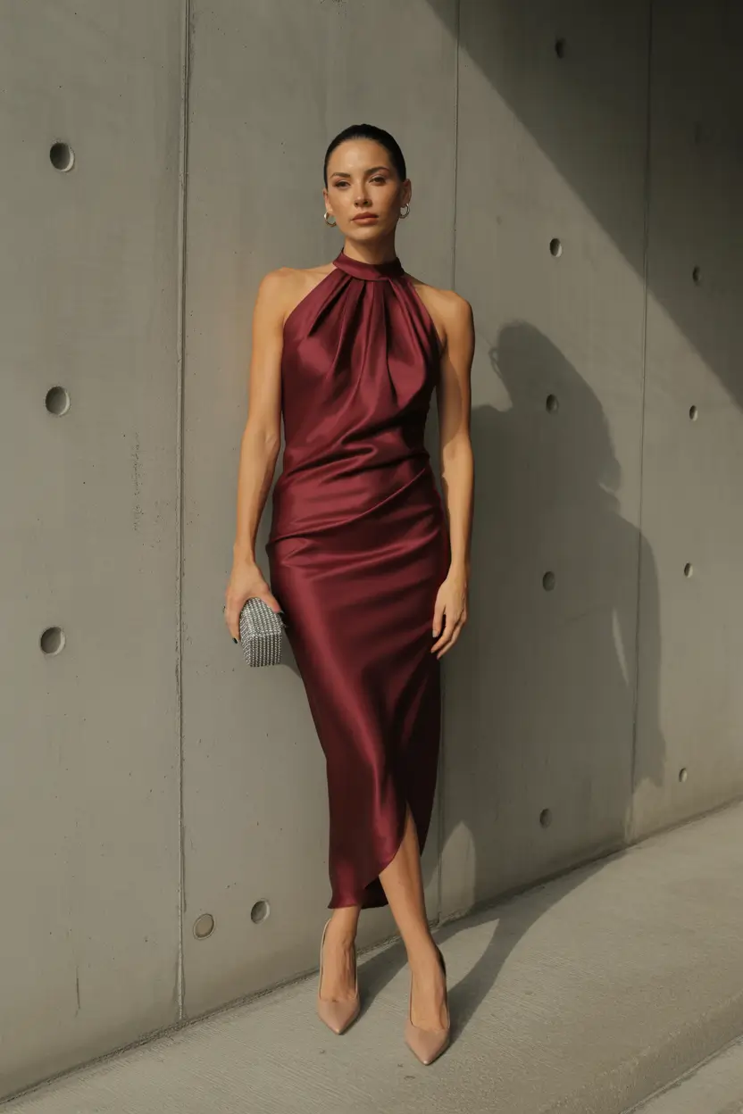 fall wedding guest dress Wine Satin for a Luxe Evening