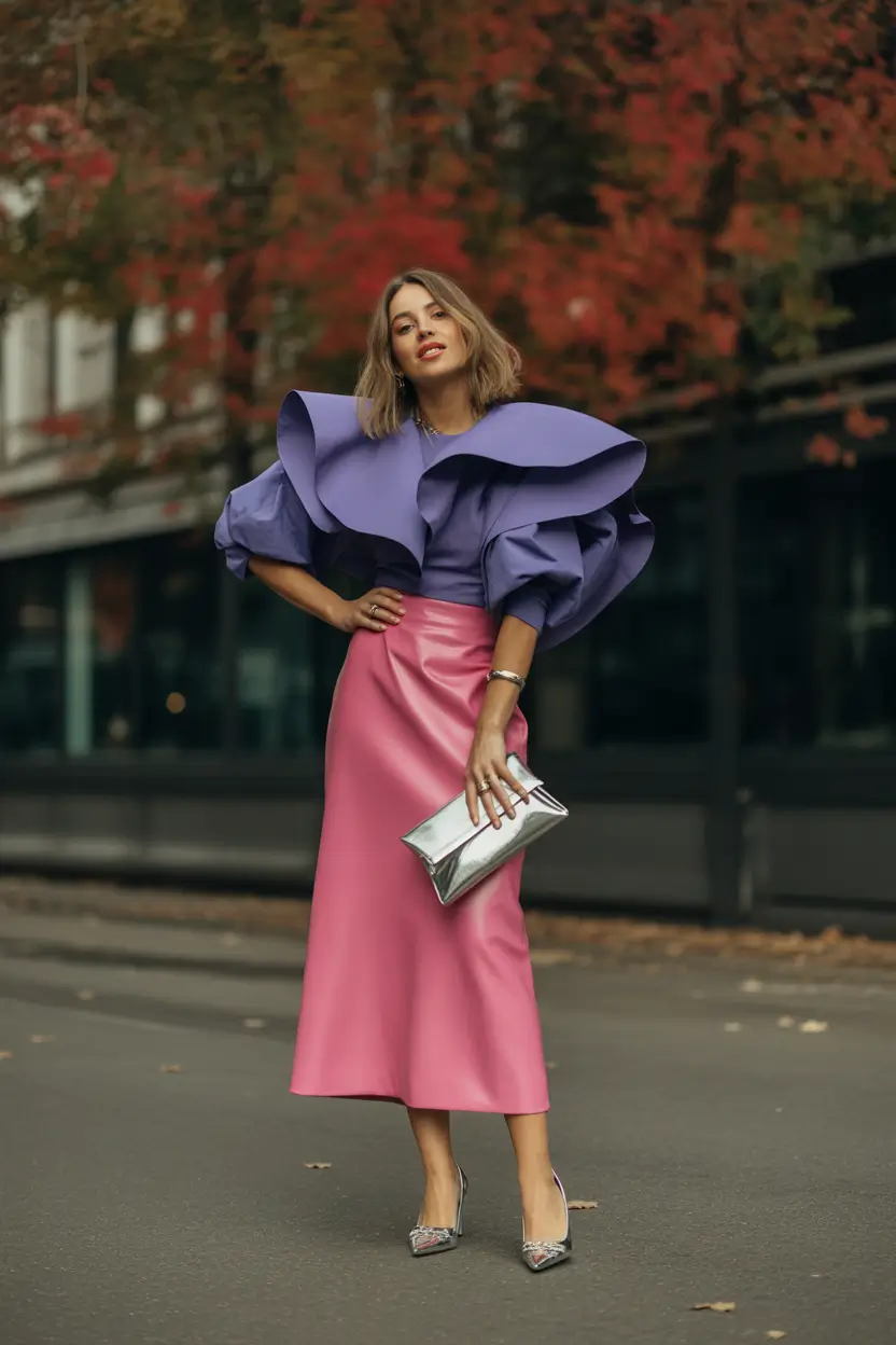 fall fashion outfits Sculptural Elegance in Violet and Bubblegum