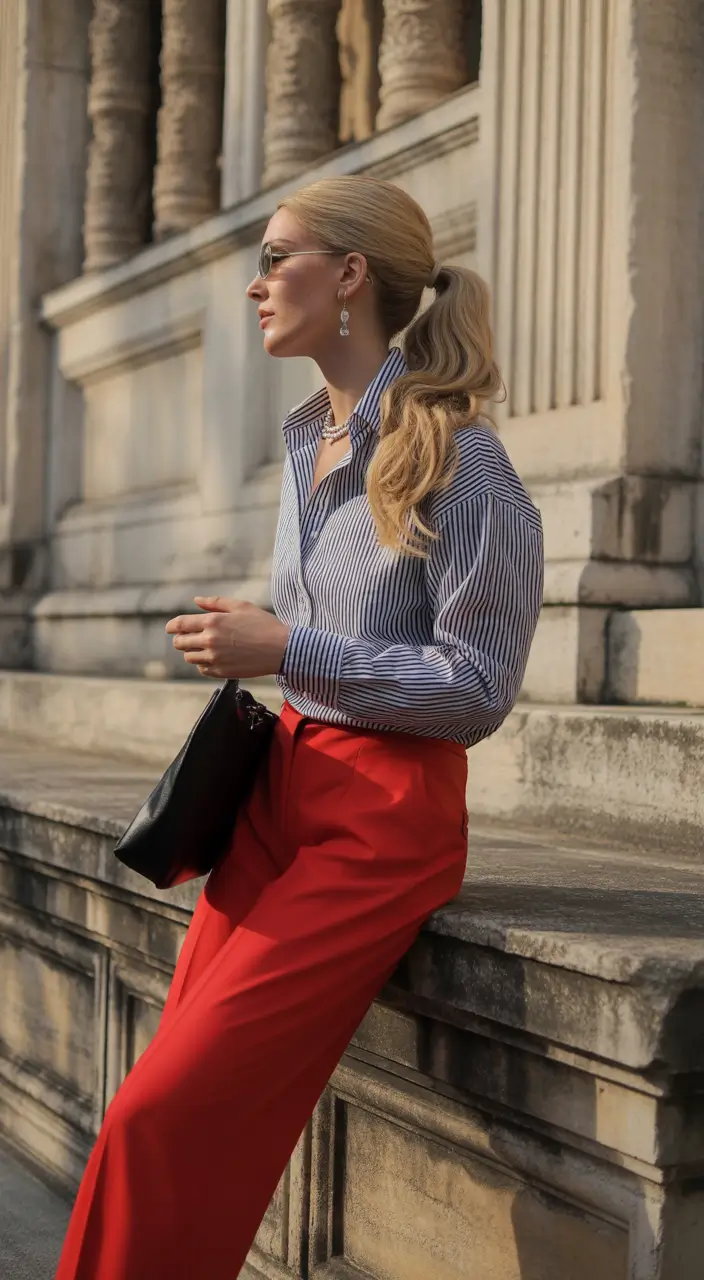 fall old money outfits Crimson Power with a Pinstripe Attitude