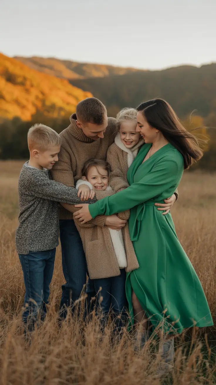 fall family pictures outfits 2025 Effortless Earth Tones with a Pop of Green