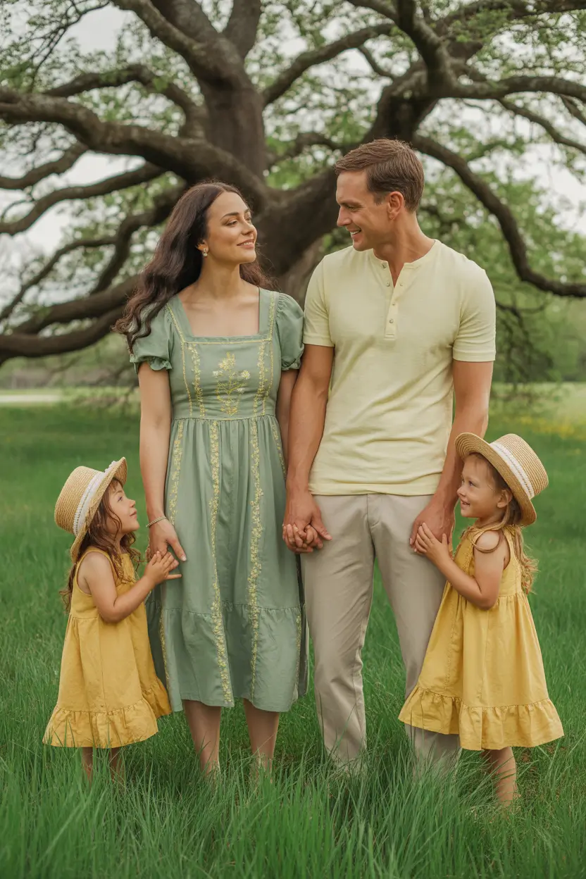 fall family pictures outfits 2025 Golden Hour Harmony in Sage and Mustard