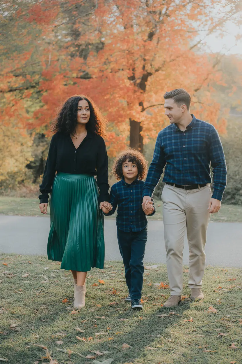fall family pictures outfits 2025 Pleated Green and Structured Plaid