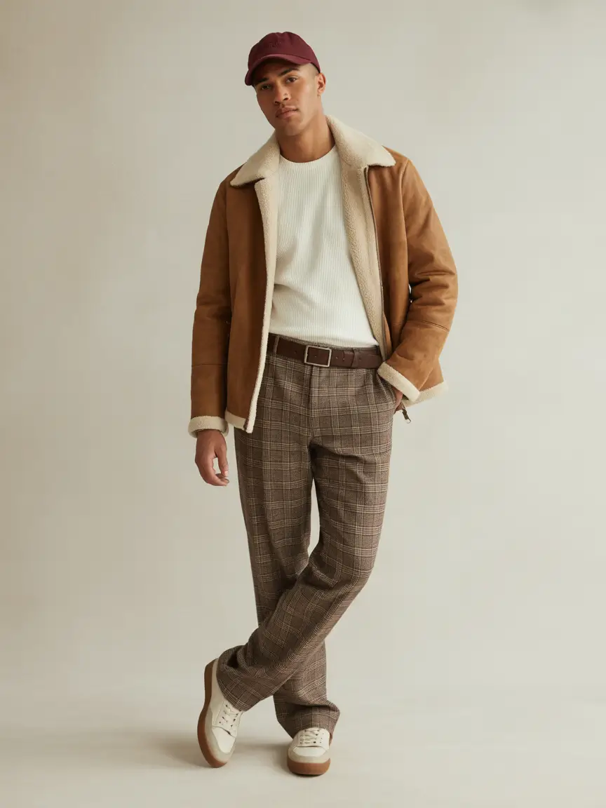 fall outfits for men Retro Checks and Shearling Warmth