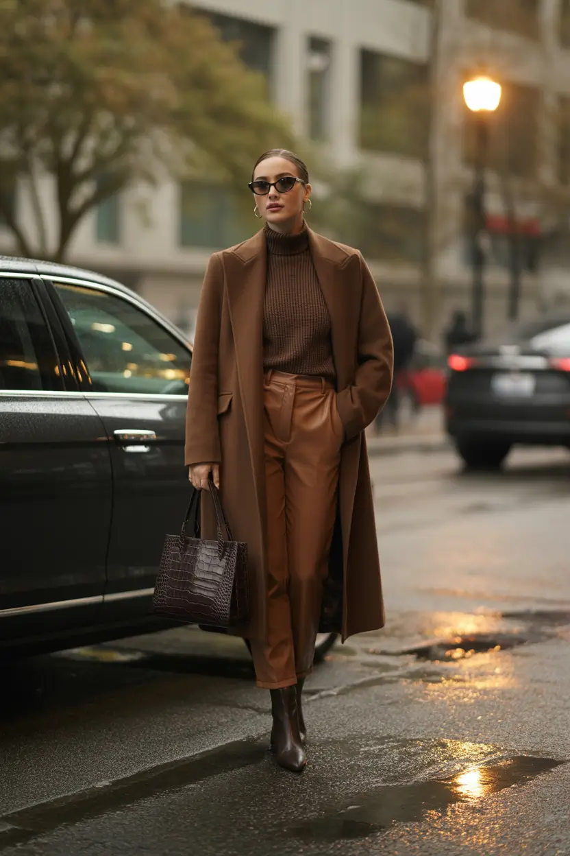 fall outfits Espresso Elegance on a Rainy Day