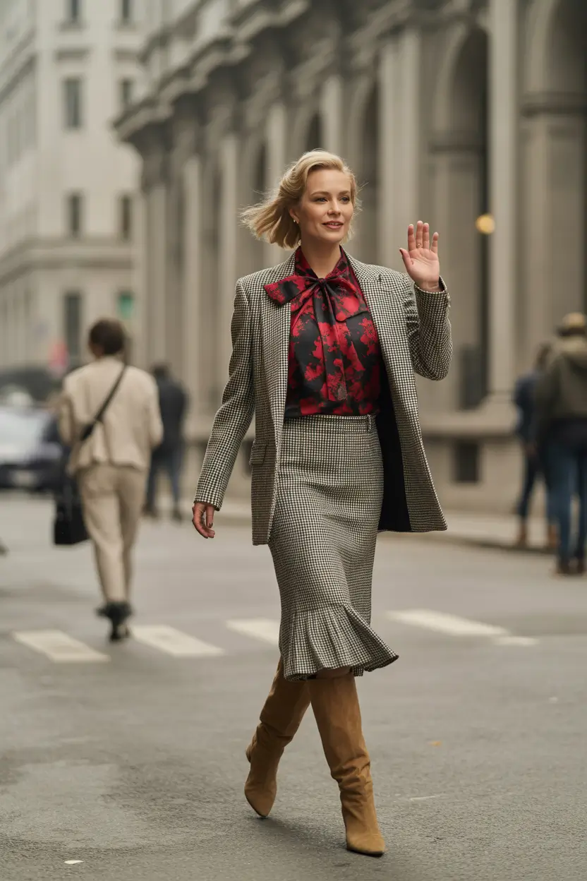 fall outfits Houndstooth Revival with a Bold Blouse Twist