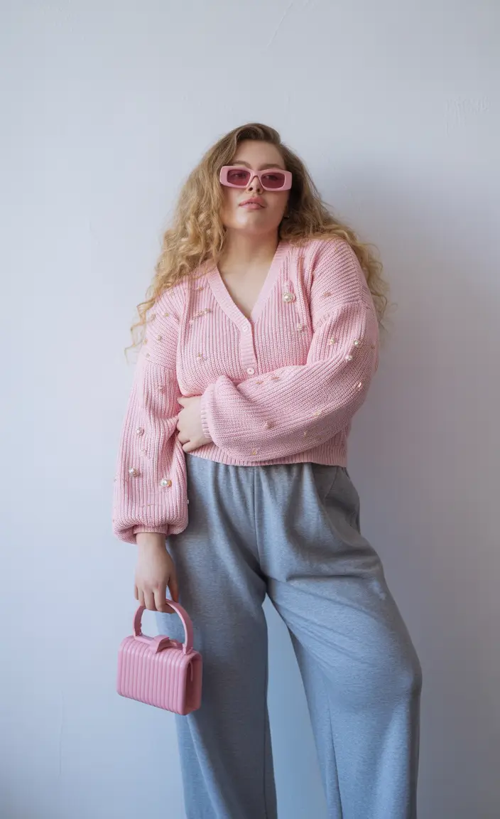 fall plus size outfits Pearls & Pastels: Cozy Barbiecore