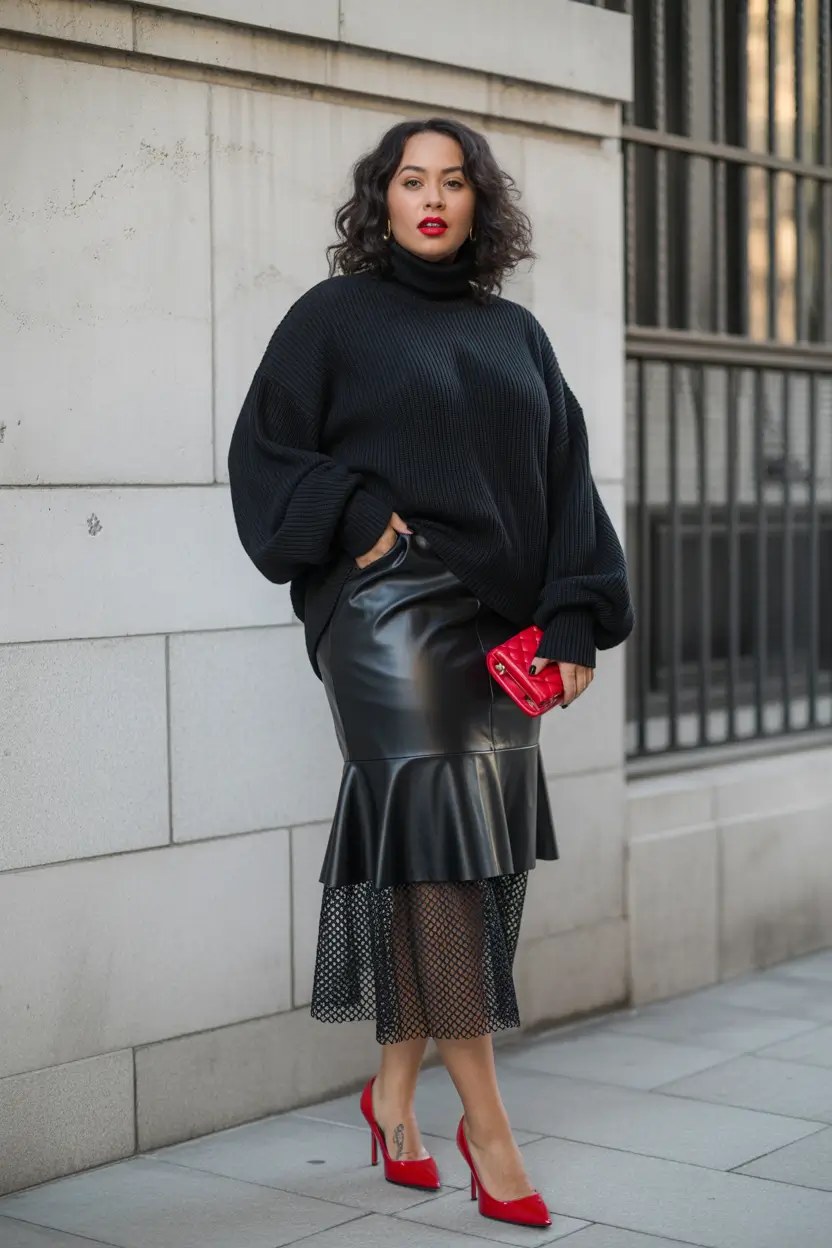 fall plus size outfits ideas 2025 All-Black Everything, With a Red Alert