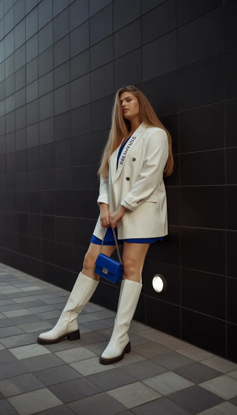 fall plus size outfits ideas 2025 Monochrome Blue With White Statement Boots