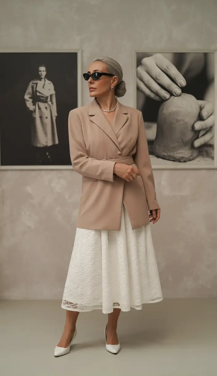fall transition outfits Elegant Neutral Layers with Feminine Texture