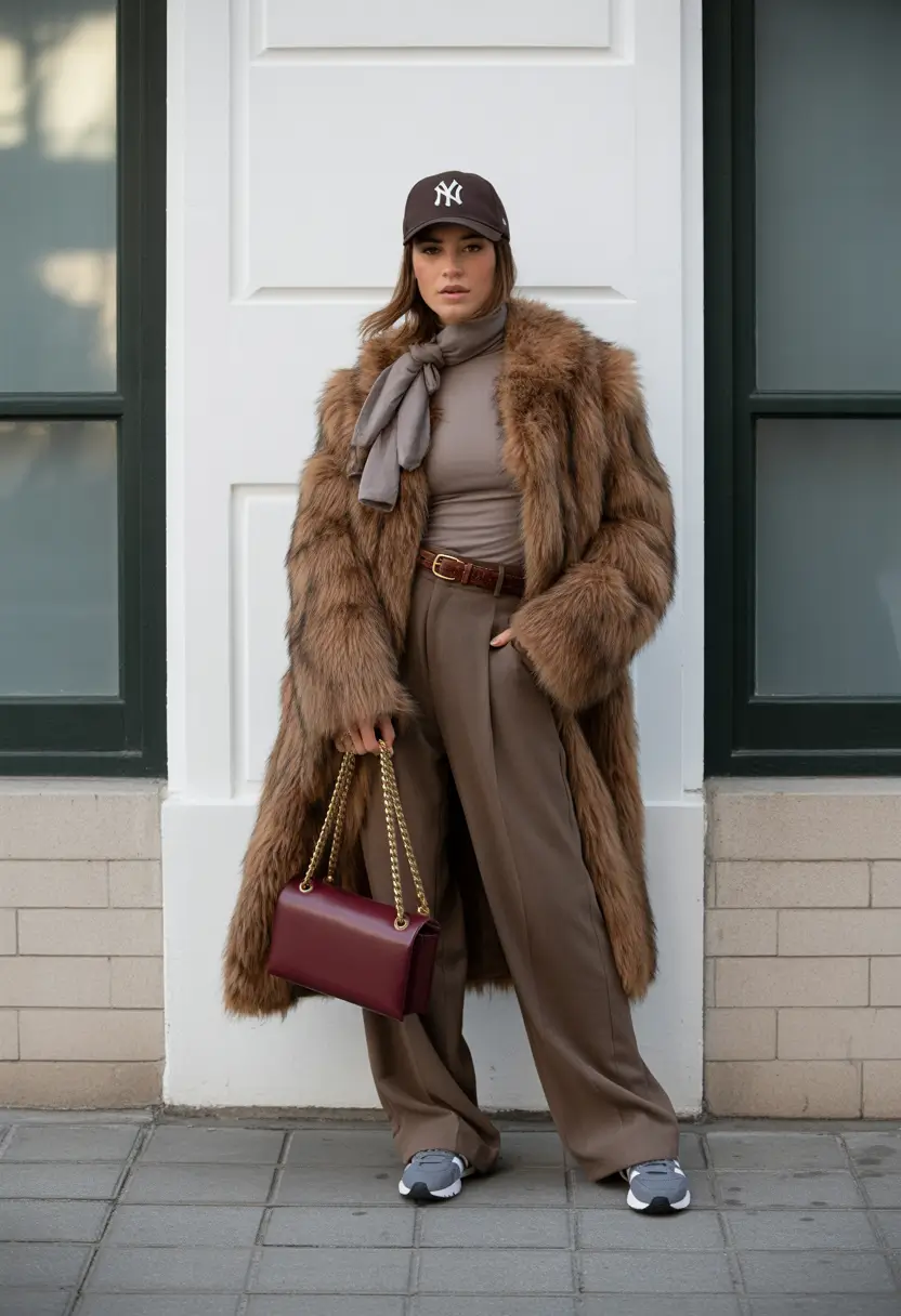 fall transition outfits Sporty Luxe in Faux Fur and Sneakers