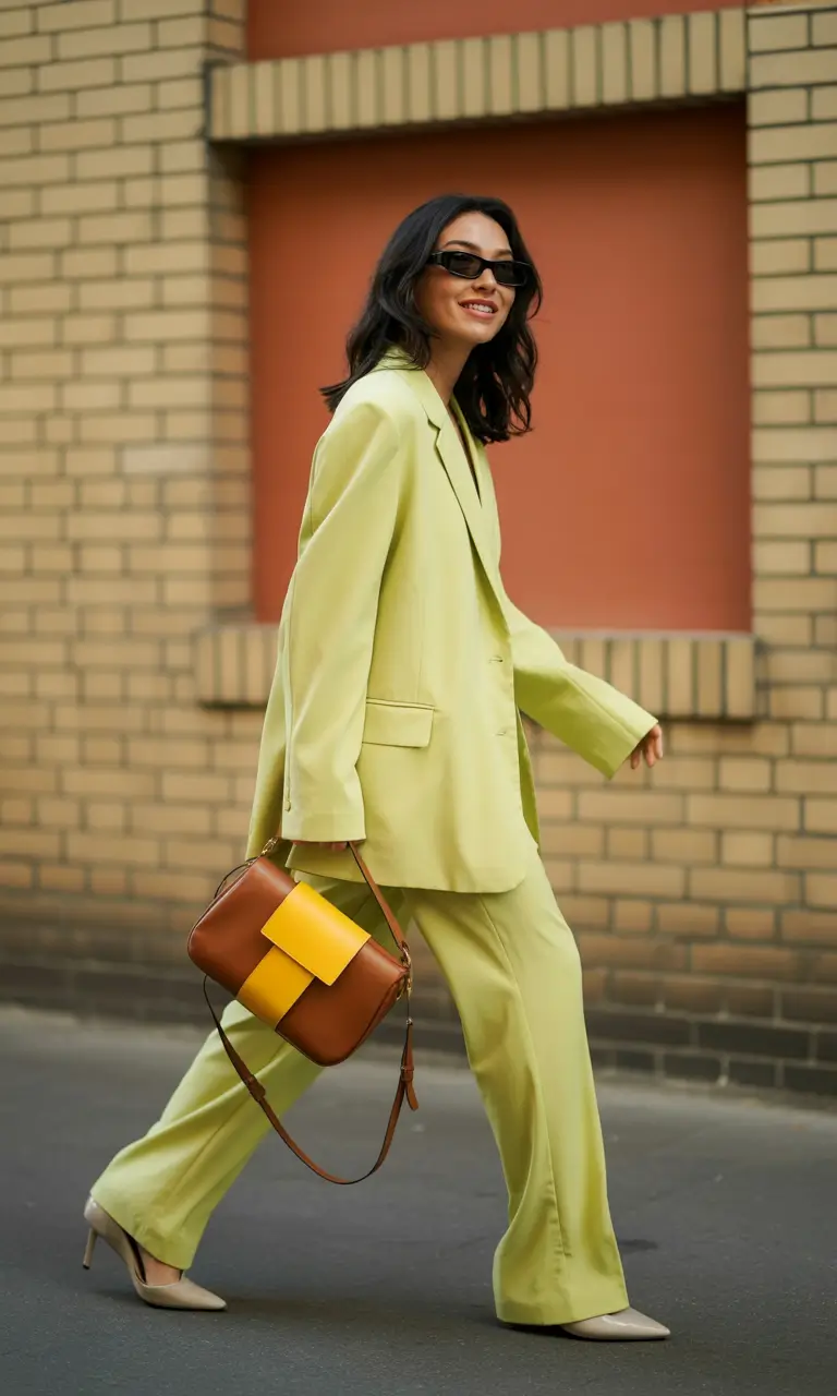 fall transition outfits 2025 Lime Suit Meets Playful Optimism