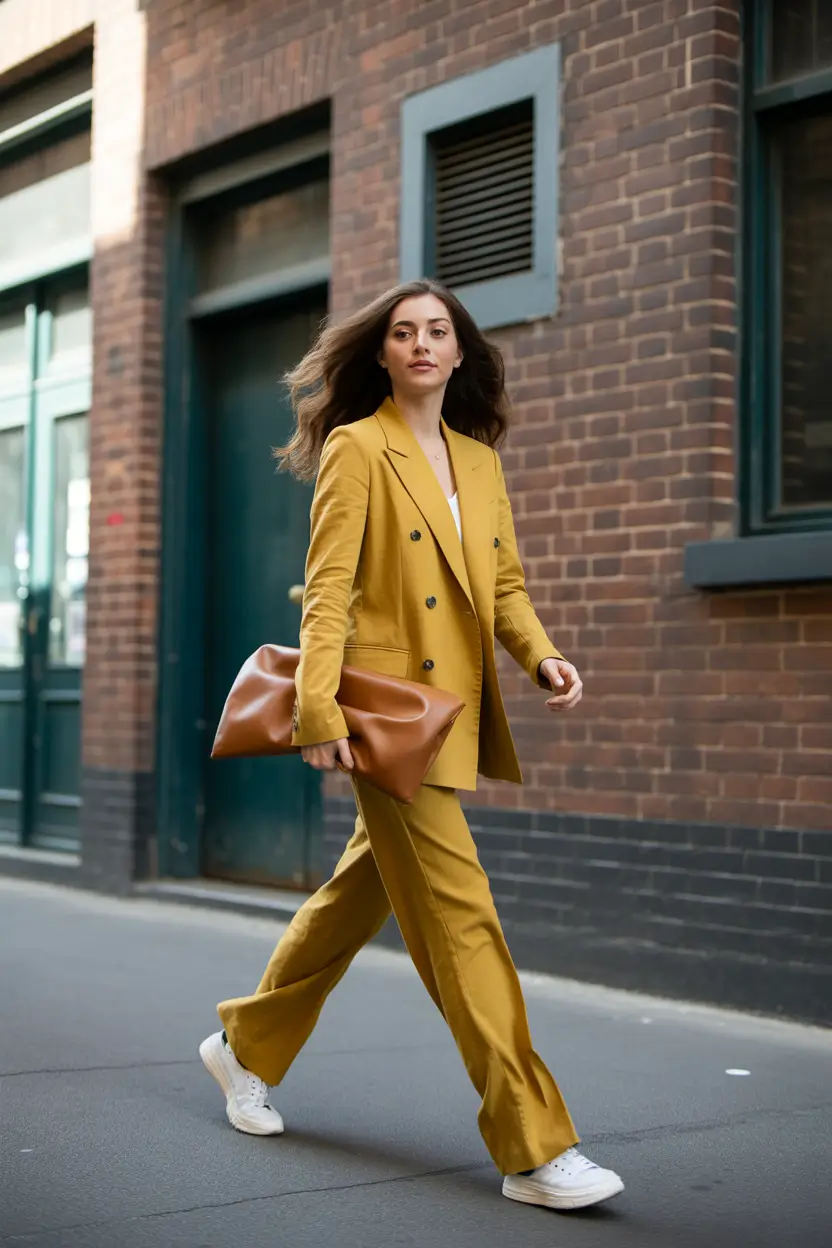 fall transition outfits 2025 Golden Mustard Suit with Chill Girl Energy