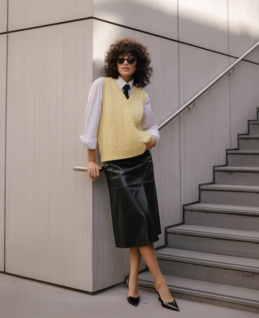 fall fashion inspo for women Preppy With a Twist: Leather and Lemon
