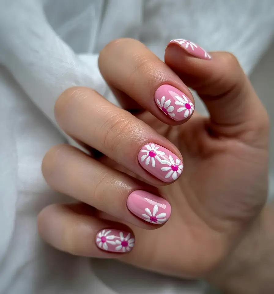 Floral Nail Ideas to Bloom in Summer 2025+Daisy Pop Pink