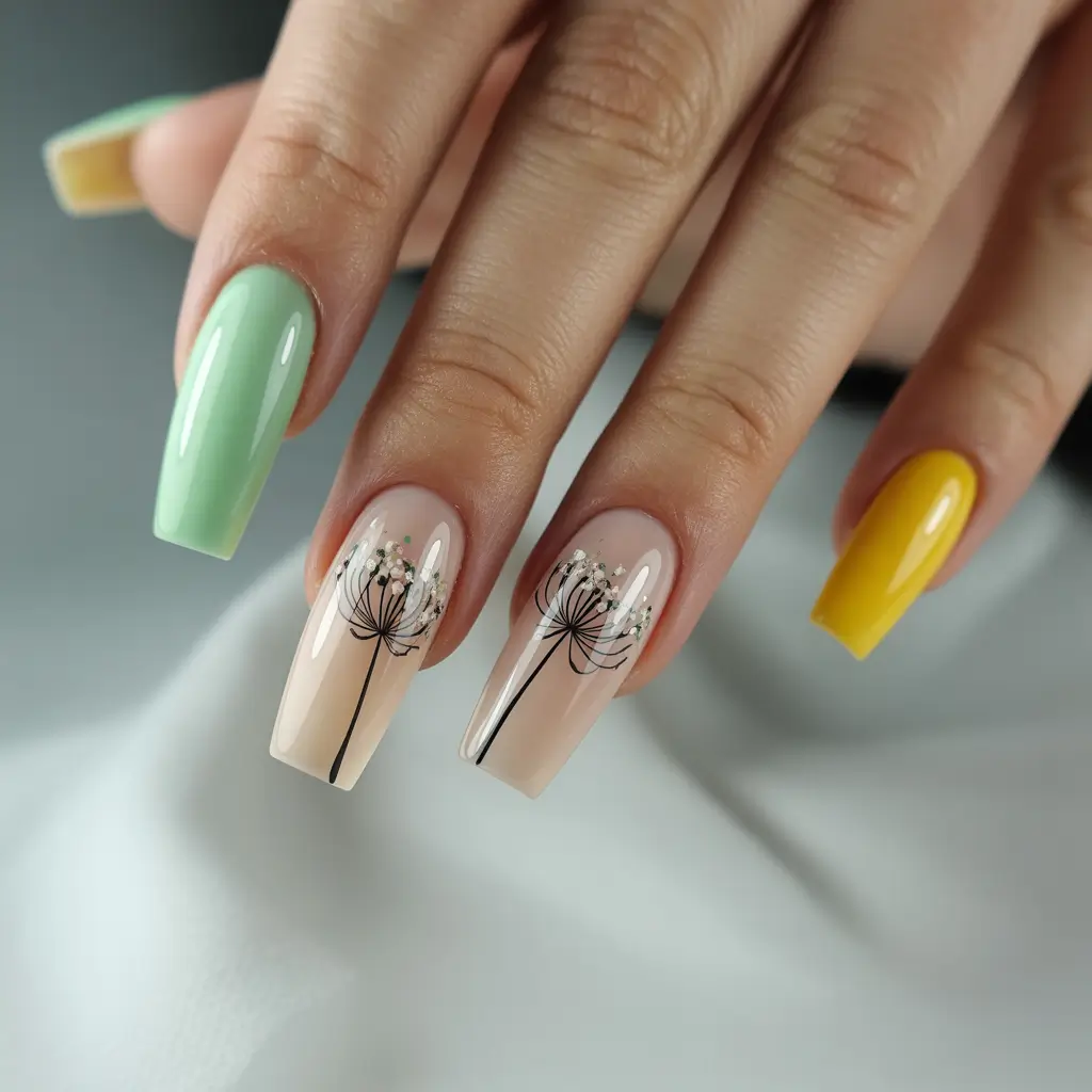 Floral Nail Ideas to Bloom in Summer 2025+Modern Dandelion Wishes