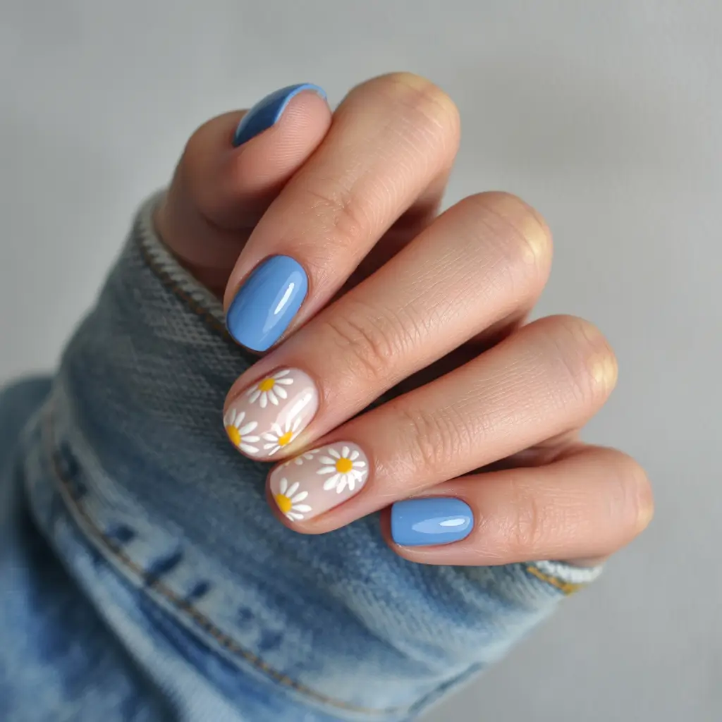 Floral Nail Ideas to Bloom in Summer 2025+Blue Skies & Chamomile
