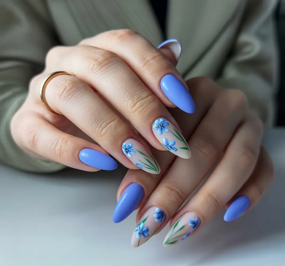 Floral Nail Ideas to Bloom in Summer 2025+Soft Blue Petals with a Botanical Whisper