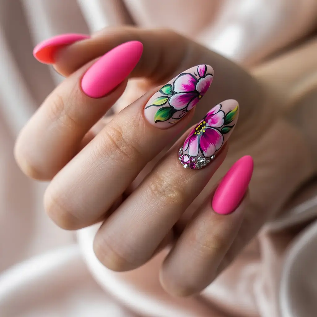 Floral Nail Ideas to Bloom in Summer 2025+Vivid Pink Flowers with Rhinestone Glam