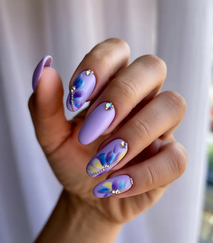 Floral Nail Ideas to Bloom in Summer 2025+Dreamy Purple with Crystal-Studded Petals