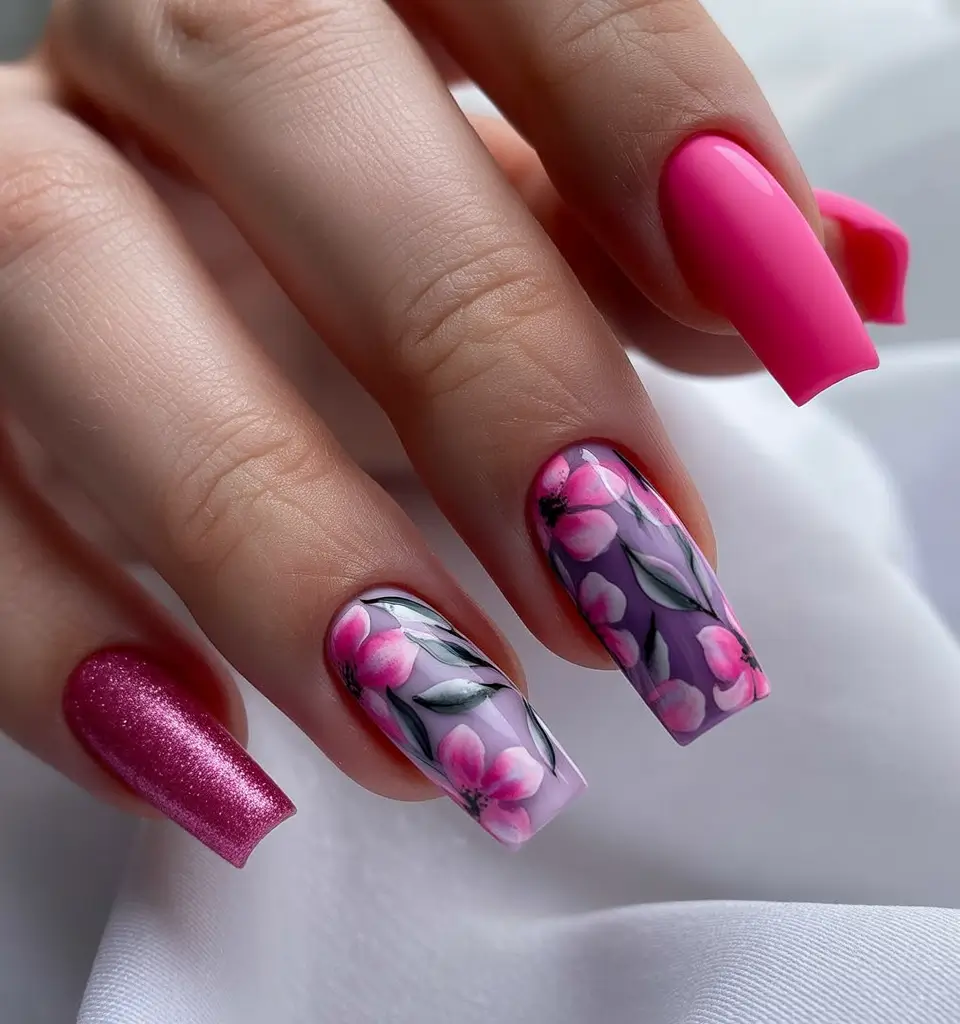 Floral Nail Ideas to Bloom in Summer 2025+Bold Blossoms on Violet and Magenta