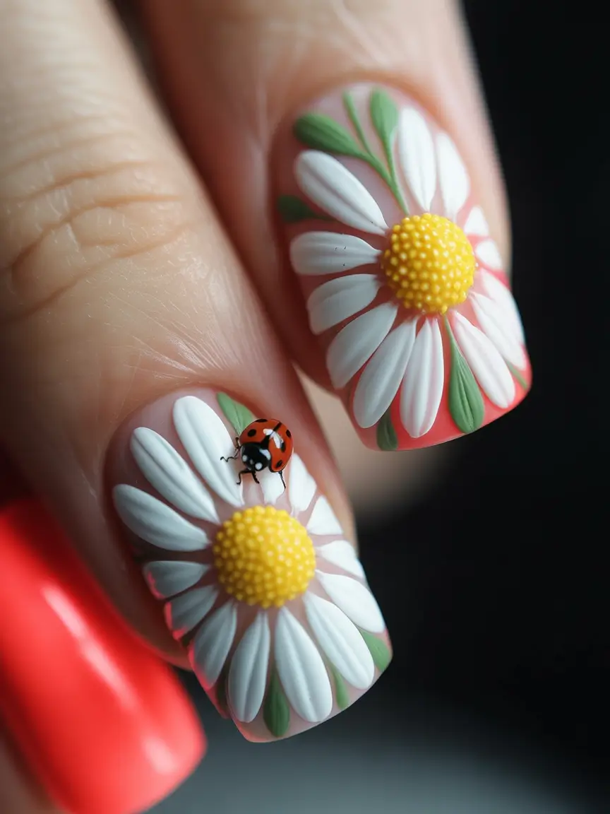 Floral Nail Ideas to Bloom in Summer 2025+Daisy Pop with a Ladybug Twist