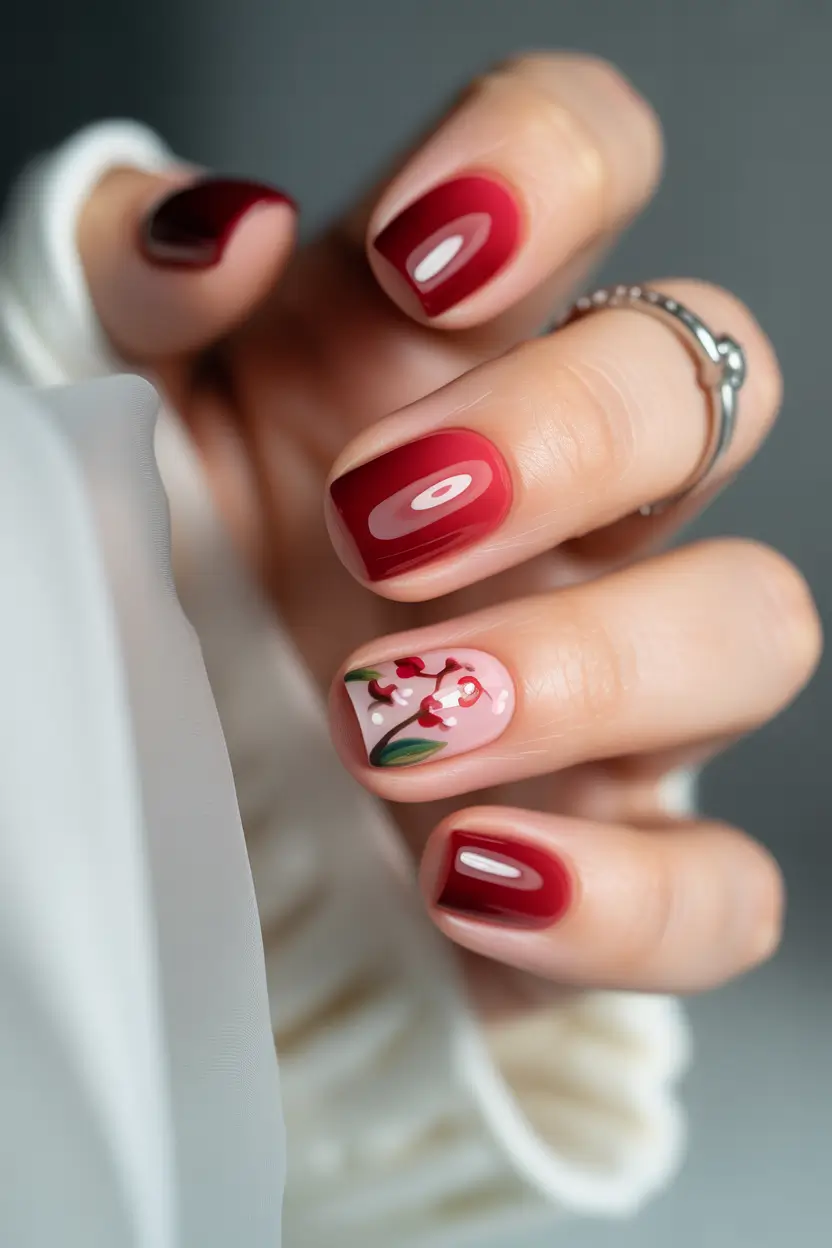 Floral Nail Ideas to Bloom in Summer 2025+Cherry Blossom Hints on Glossy Crimson
