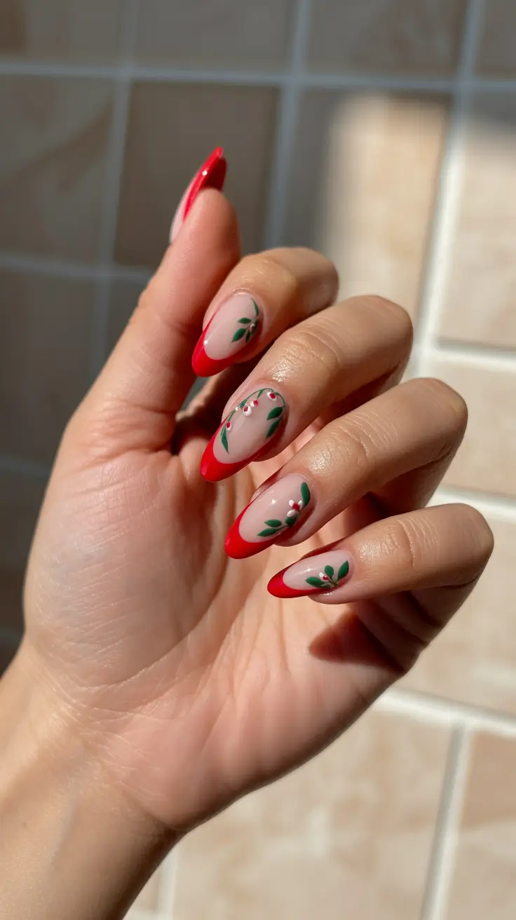 Floral Nail Ideas to Bloom in Summer 2025+Fresh Red French with Tiny Leaf Accents