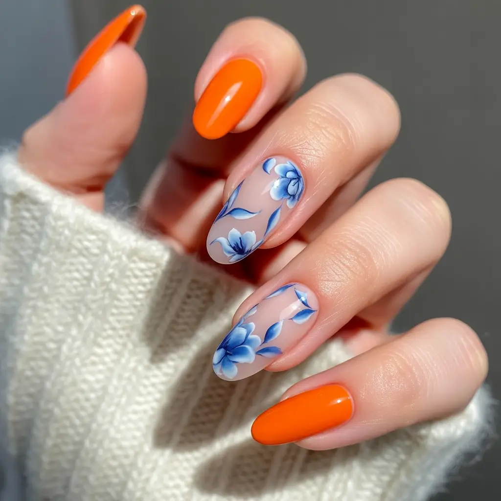 Floral Nail Ideas to Bloom in Summer 2025+Bold Blue Blooms and Orange Shine