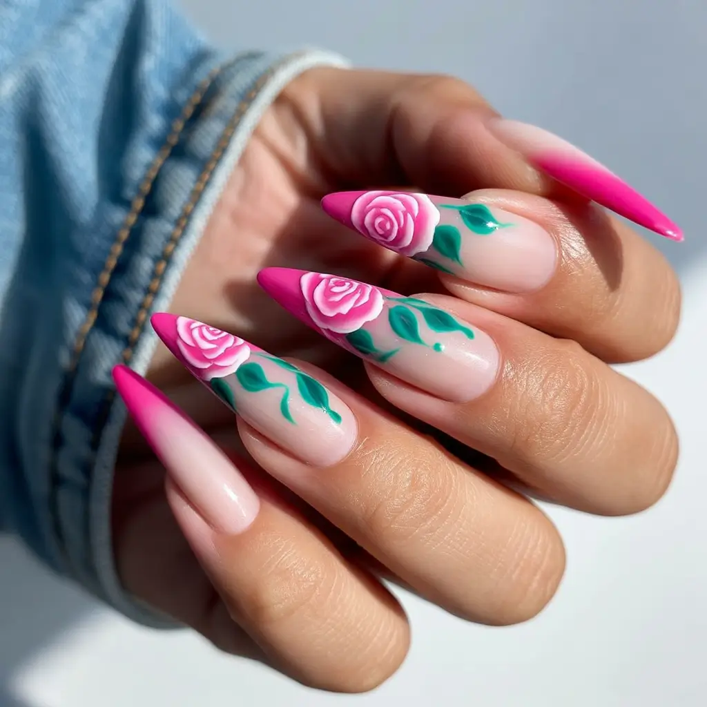 Floral Nail Ideas to Bloom in Summer 2025+Roses and Thorns in Electric Pink