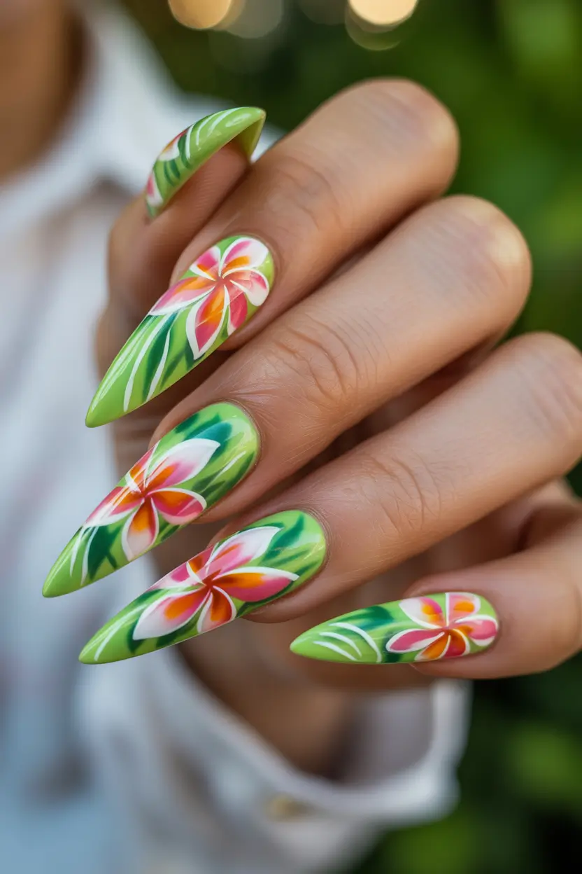 Floral Nail Ideas to Bloom in Summer 2025+Tropical Garden in Sage and Sunset