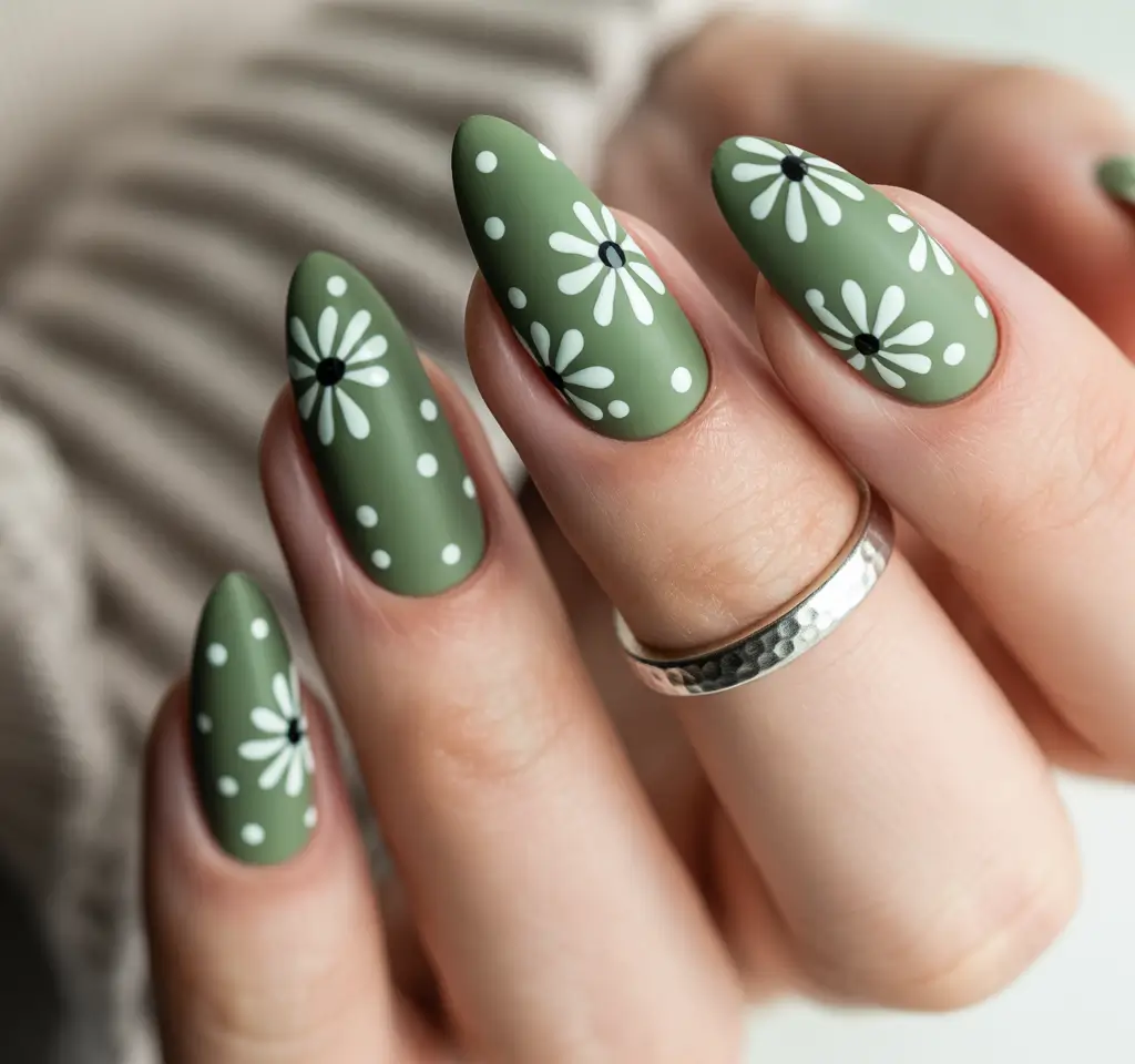 Floral Nail Ideas to Bloom in Summer 2025+Sage Green Daisies with a Retro Pop