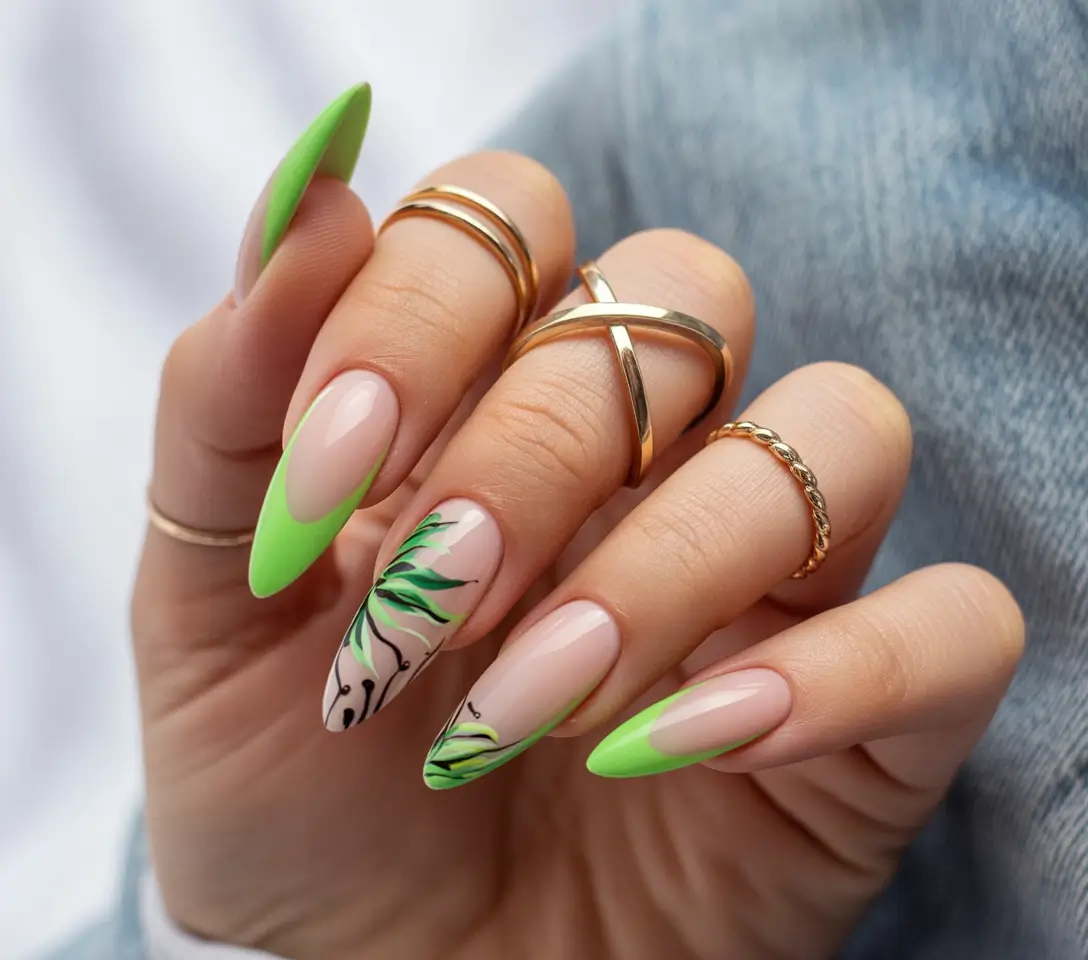 Floral Nail Ideas to Bloom in Summer 2025+Neon Leaf French in Citrus Green
