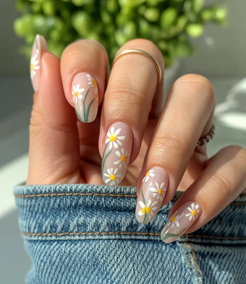 Floral Nail Ideas to Bloom in Summer 2025+Daisy Breeze on Sheer Tips