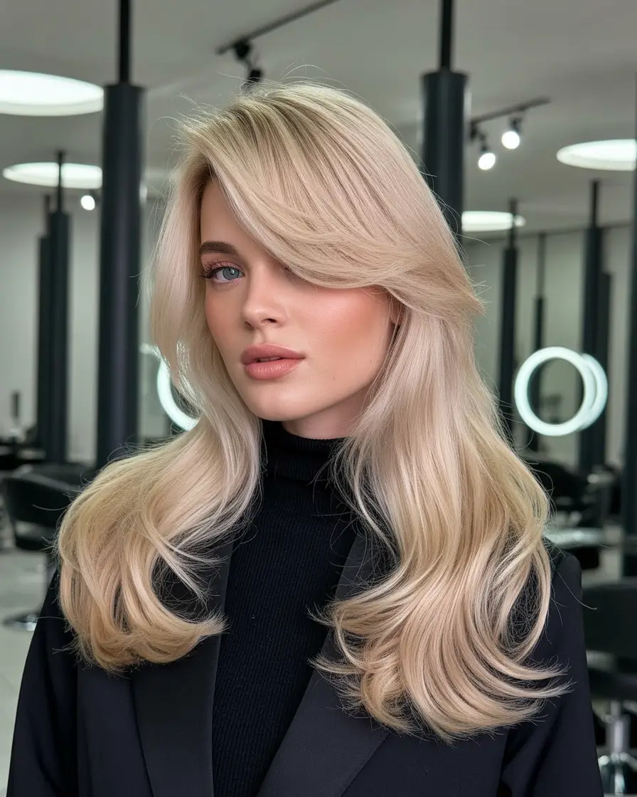 Fall hair color+Soft Vanilla Layers with Sweeping Fringe