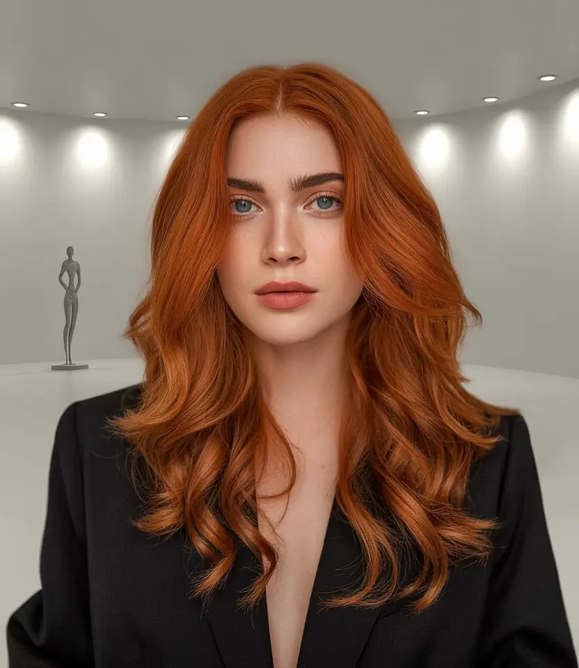 Fall hair color Rusted Copper Red with Cinematic Depth