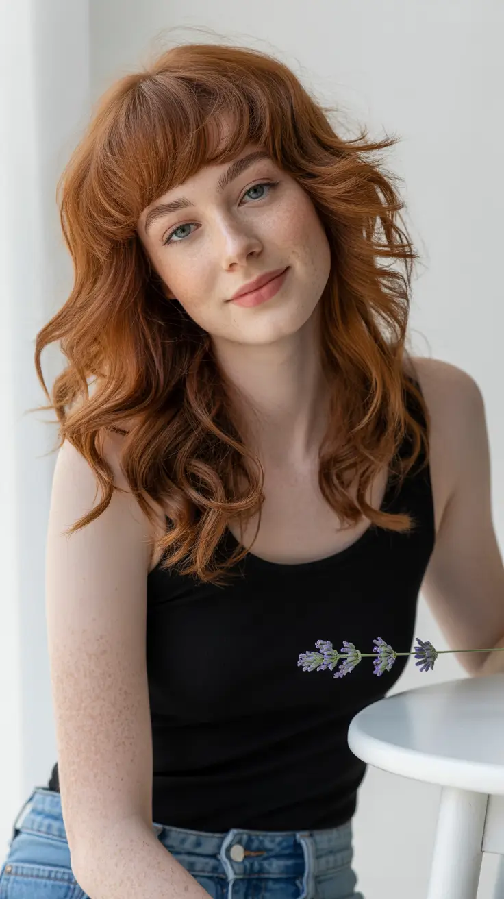 Fall hair color Effortless Layers and Baby Bangs in Copper Spice