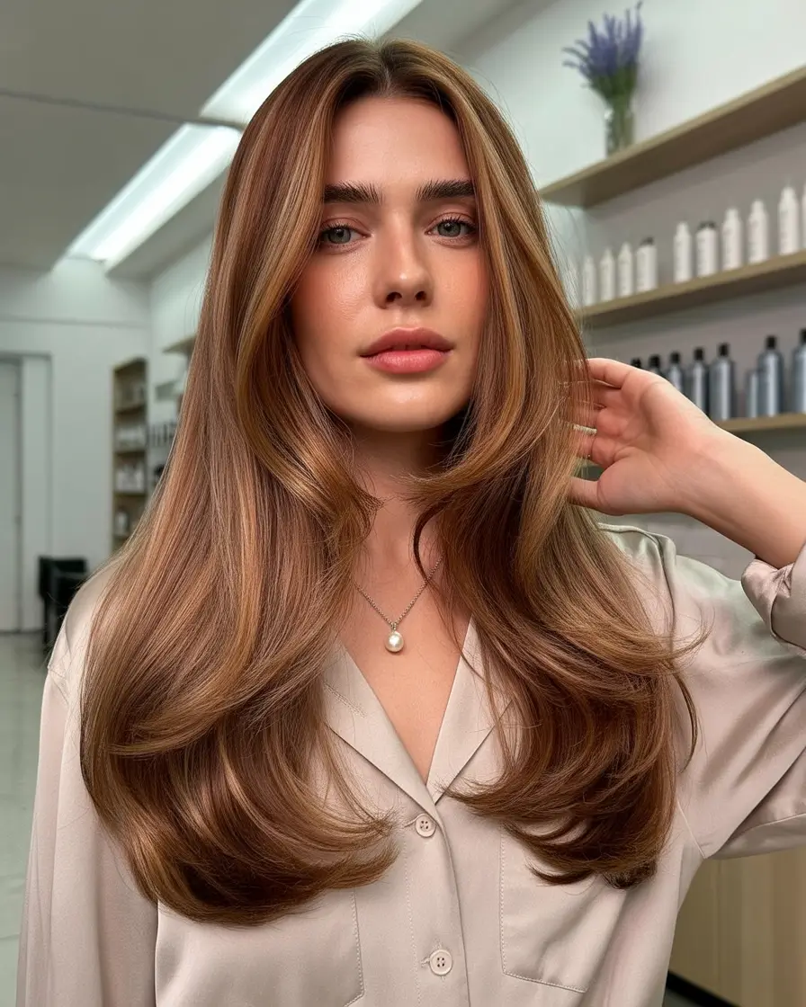 Fall hair color Golden Bronde Layers with Glossy Finish