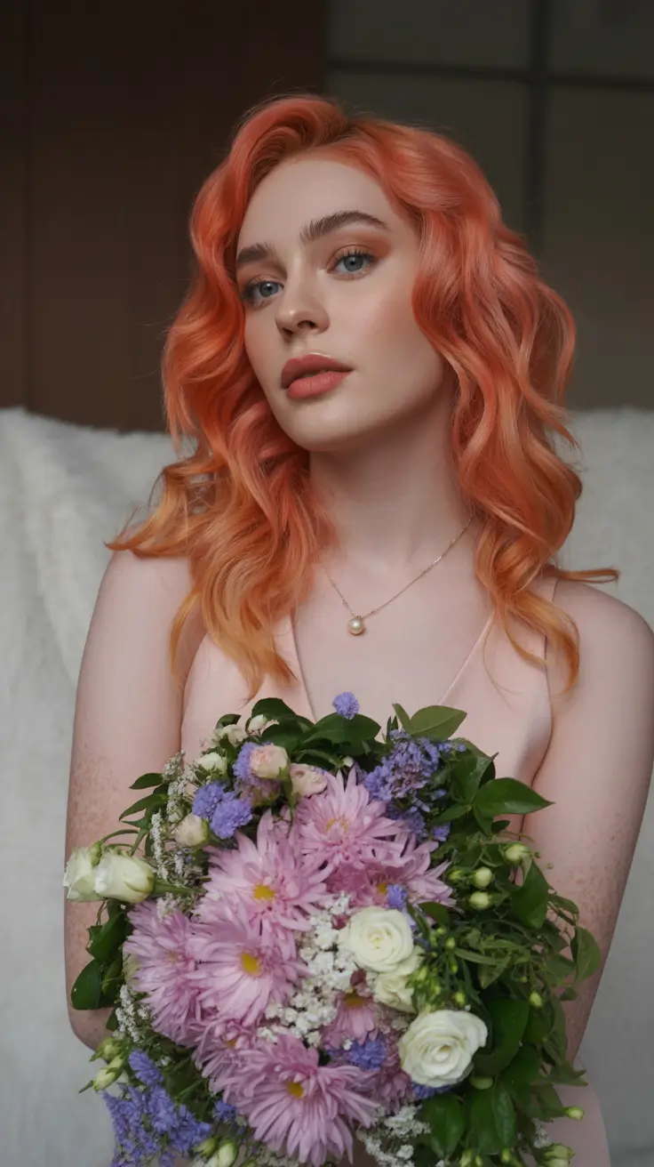 Fall hair color Peach Fuzz Waves with a Rosy Twist