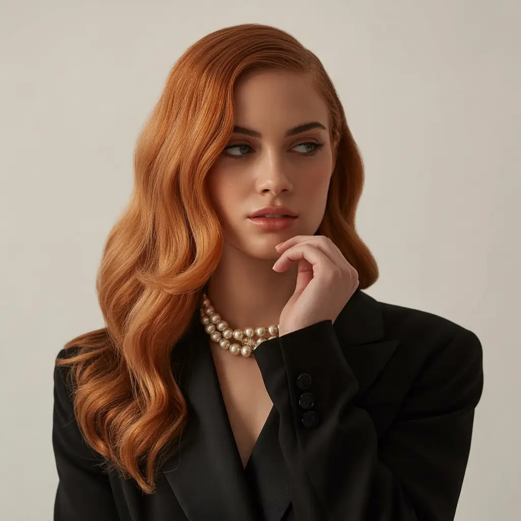 Fall hair color Ginger Honey Glam with Soft Hollywood Waves