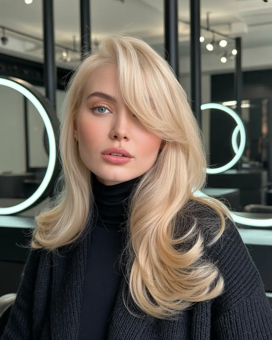 Fall hair color+Blonde With Bold, Blended Bangs