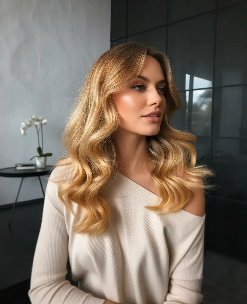 Fall hair color+Golden Bronze Waves with Dimensional Depth