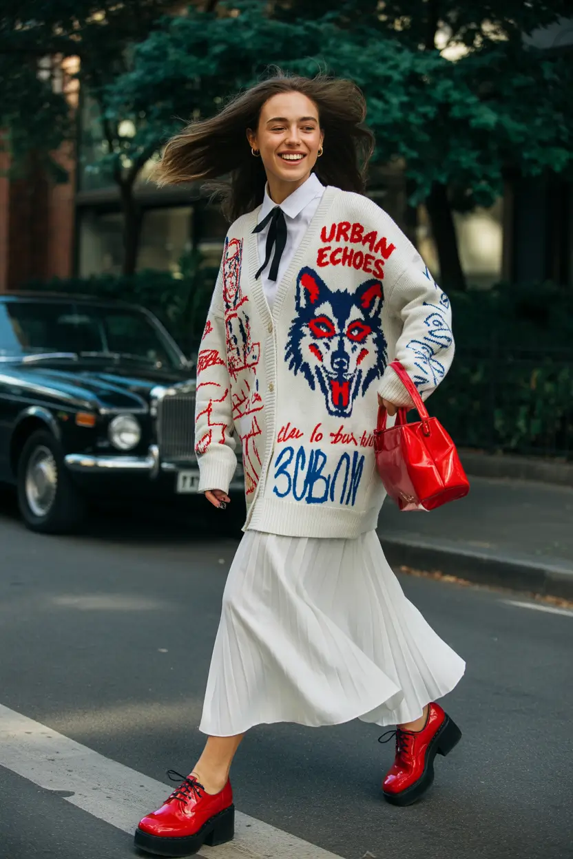 fall skirt outfits Graphic Sweater Meets Collegiate Flair