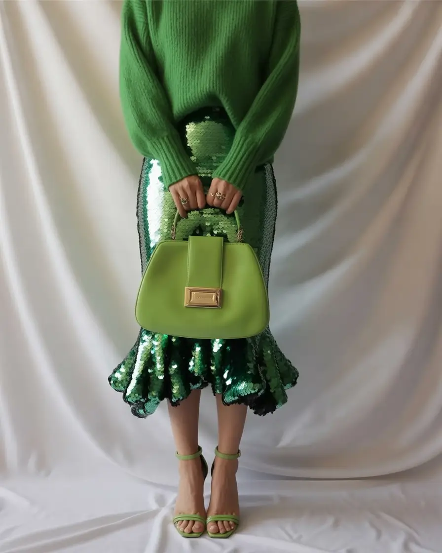 fall skirt outfits Green Glam and Sweater Confidence