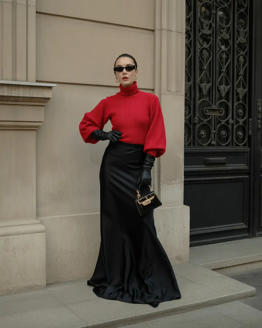 fall skirt outfits Parisian Noir with a Bold Pop