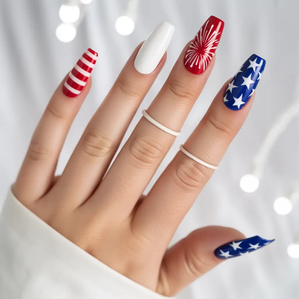 Inspired Nail Designs for July 4th 2025 Red White & Flash: A Classic Sparked Up